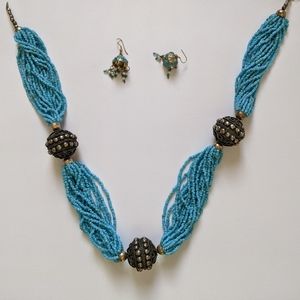 Blue Beaded Necklace and Earrings